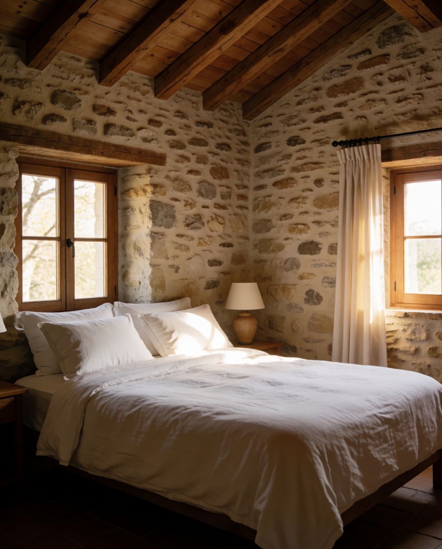 Quarto duplo com paredes de pedra, vigas de madeira e linho branco