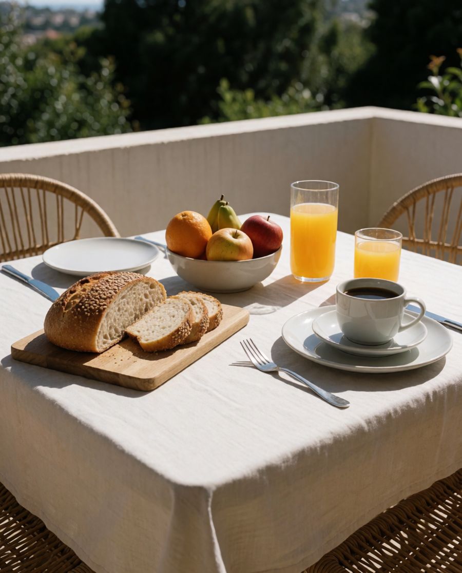 Mesa de pequeno-almoço com pão, fruta, café e sumo num terraço