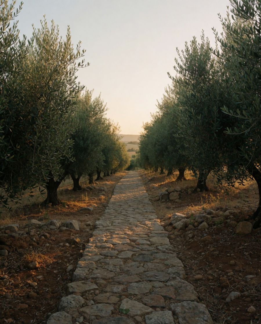 Caminho de pedra entre oliveiras ao pôr do sol