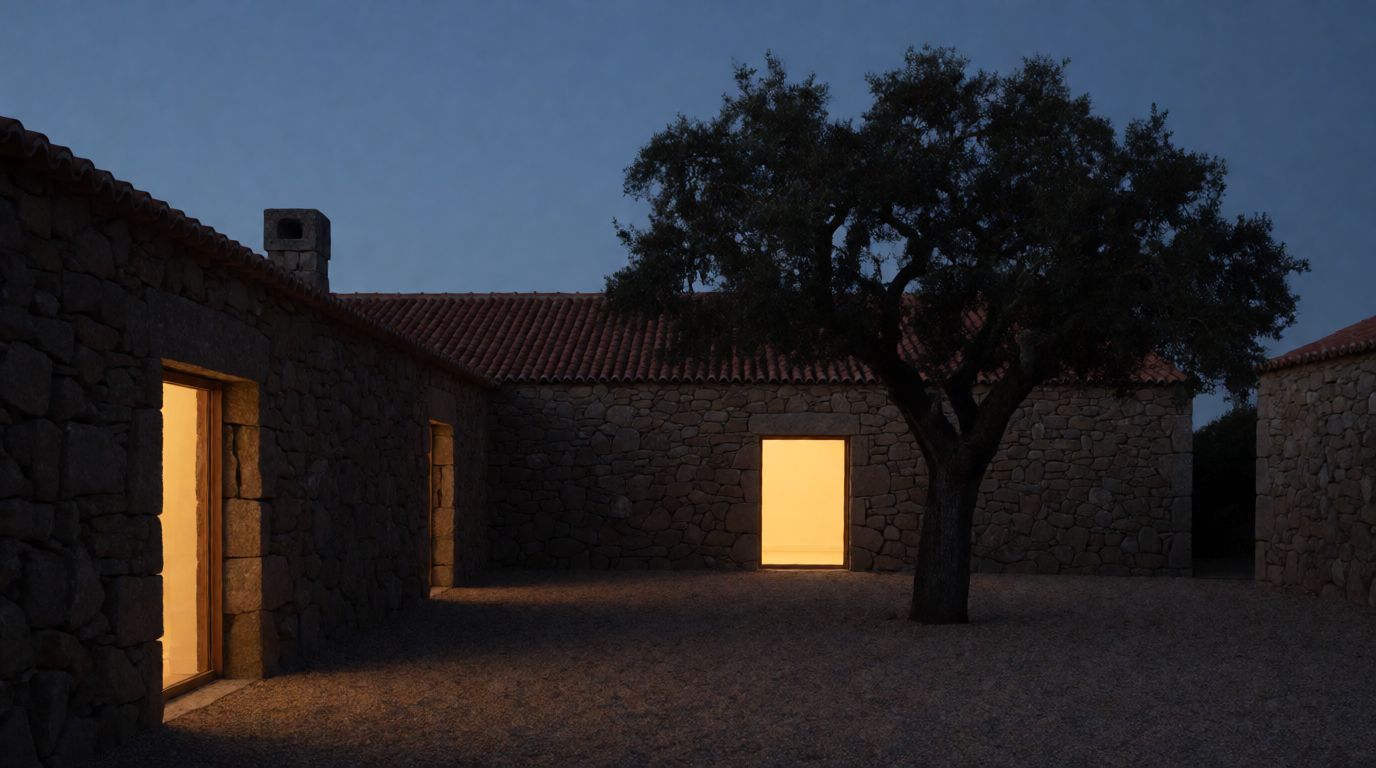 Pátio de pedra à noite com janelas iluminadas e uma azinheira
